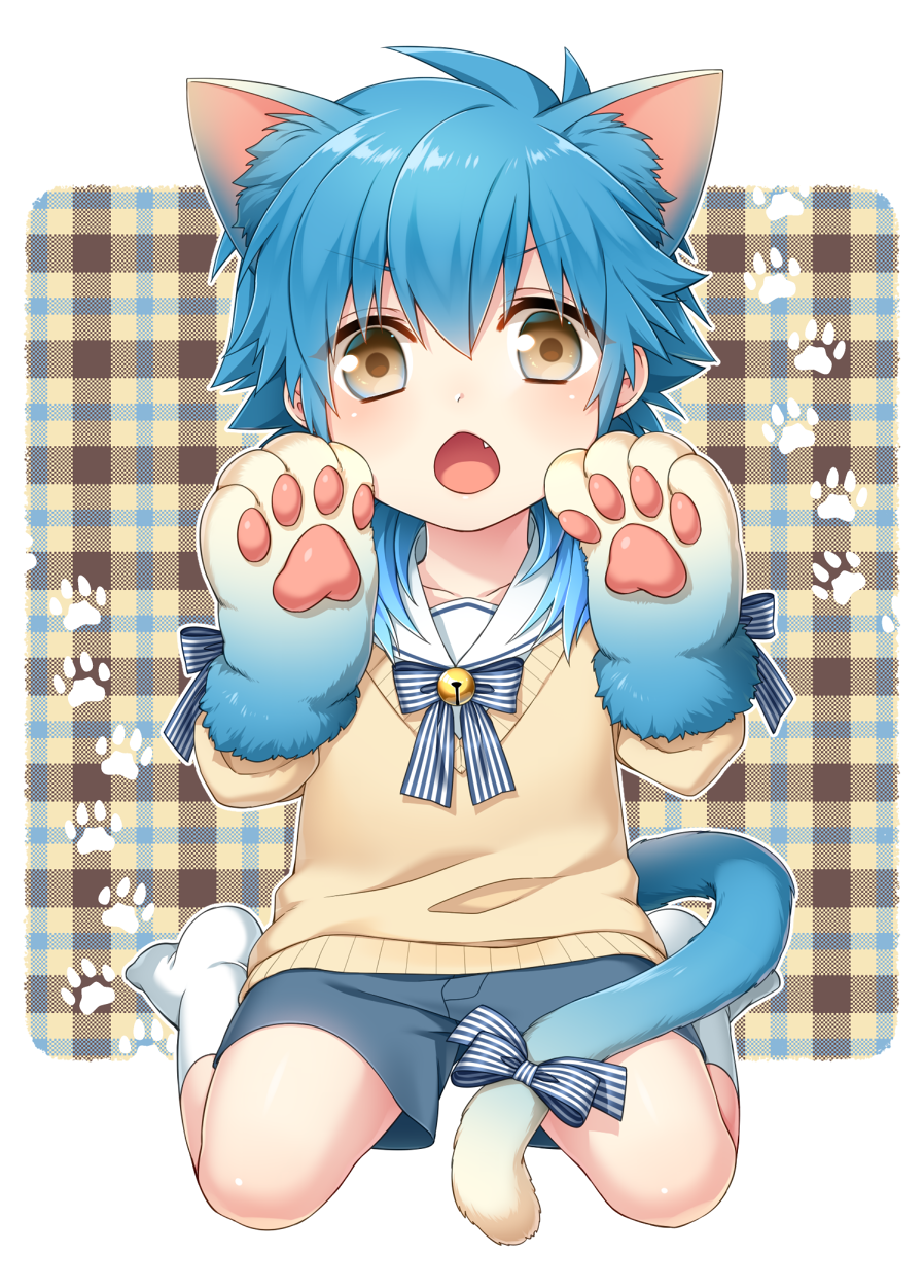 1boy animal_ears bell blue_hair brown_eyes cat_ears cat_paws cat_tail chestnut_mouth child dramatical_murder fang gloves highres kuronohana male_focus open_mouth paw_gloves paw_print paws plaid plaid_background sailor_collar seragaki_aoba shorts sitting tail wariza younger