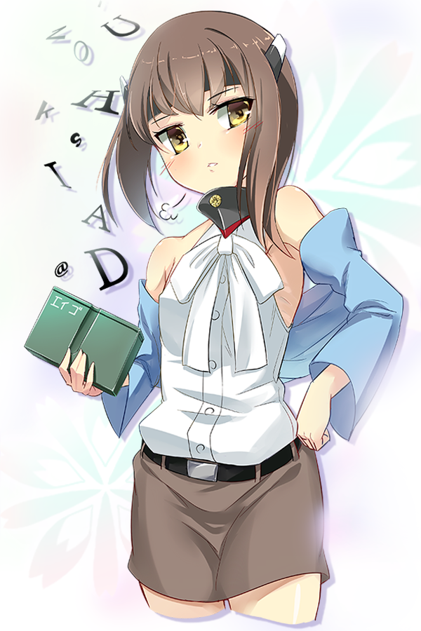 1girl alternate_costume bangs bare_shoulders belt blush book brown_hair buckle buttons commentary_request cowboy_shot cropped_legs expressionless eyebrows eyebrows_visible_through_hair grey_background hand_on_hip head_tilt headgear holding holding_book kantai_collection looking_at_viewer lzd short_hair sidelocks simple_background skirt sleeveless solo taihou_(kantai_collection) yellow_eyes