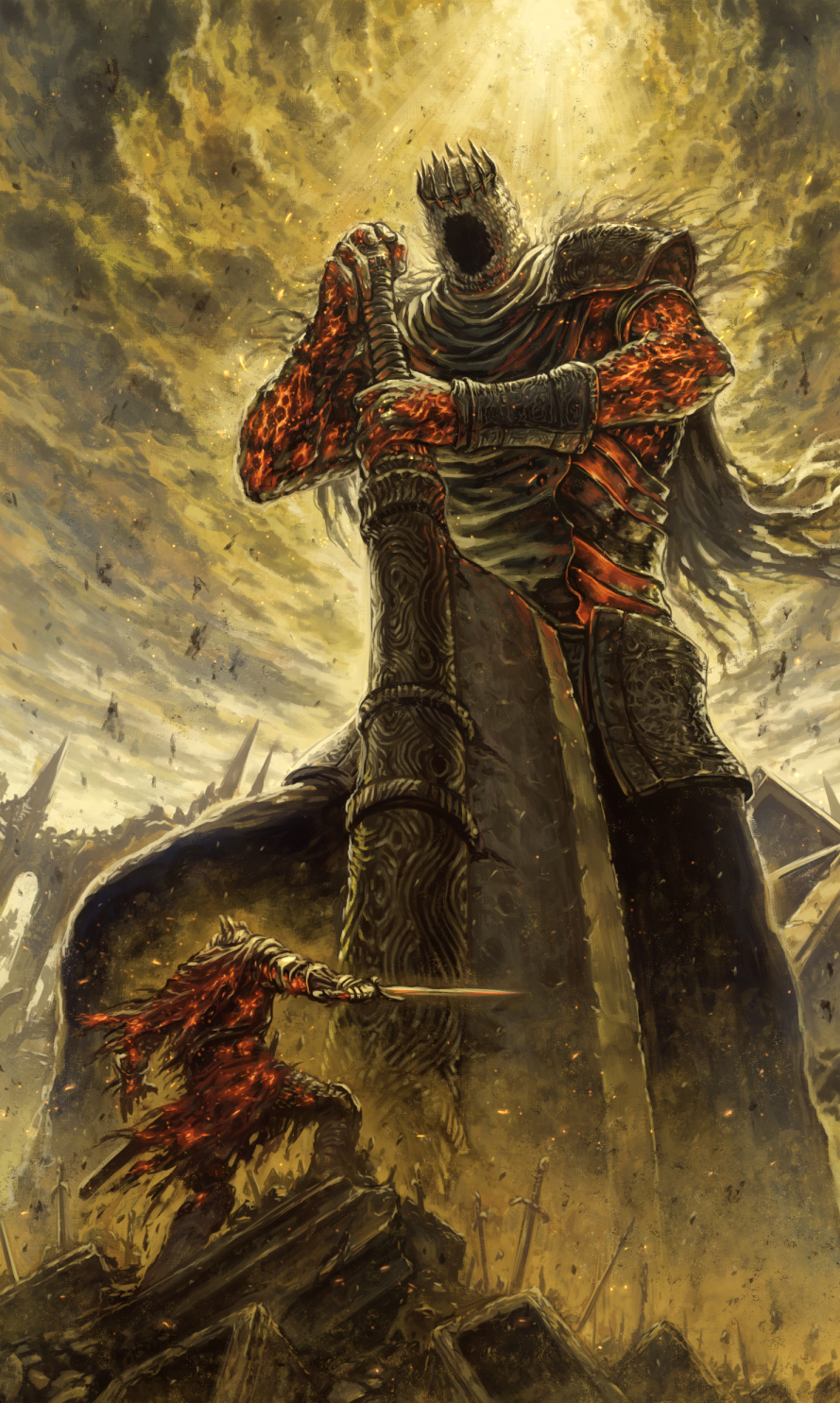 armor cape clouds crown dark_souls dark_souls_3 embers full_armor gauntlets giant helmet highres holding holding_sword holding_weapon knight looking_down monster ruins sky souls_(from_software) sword tatsuya_(atelier_road) weapon