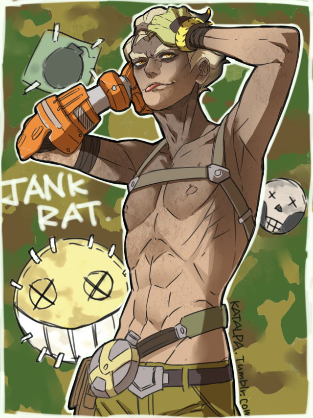1boy blonde_hair eyebrows hands_on_head harness junkrat mechanical_arm muscle overwatch thick_eyebrows tongue tongue_out yellow_eyes