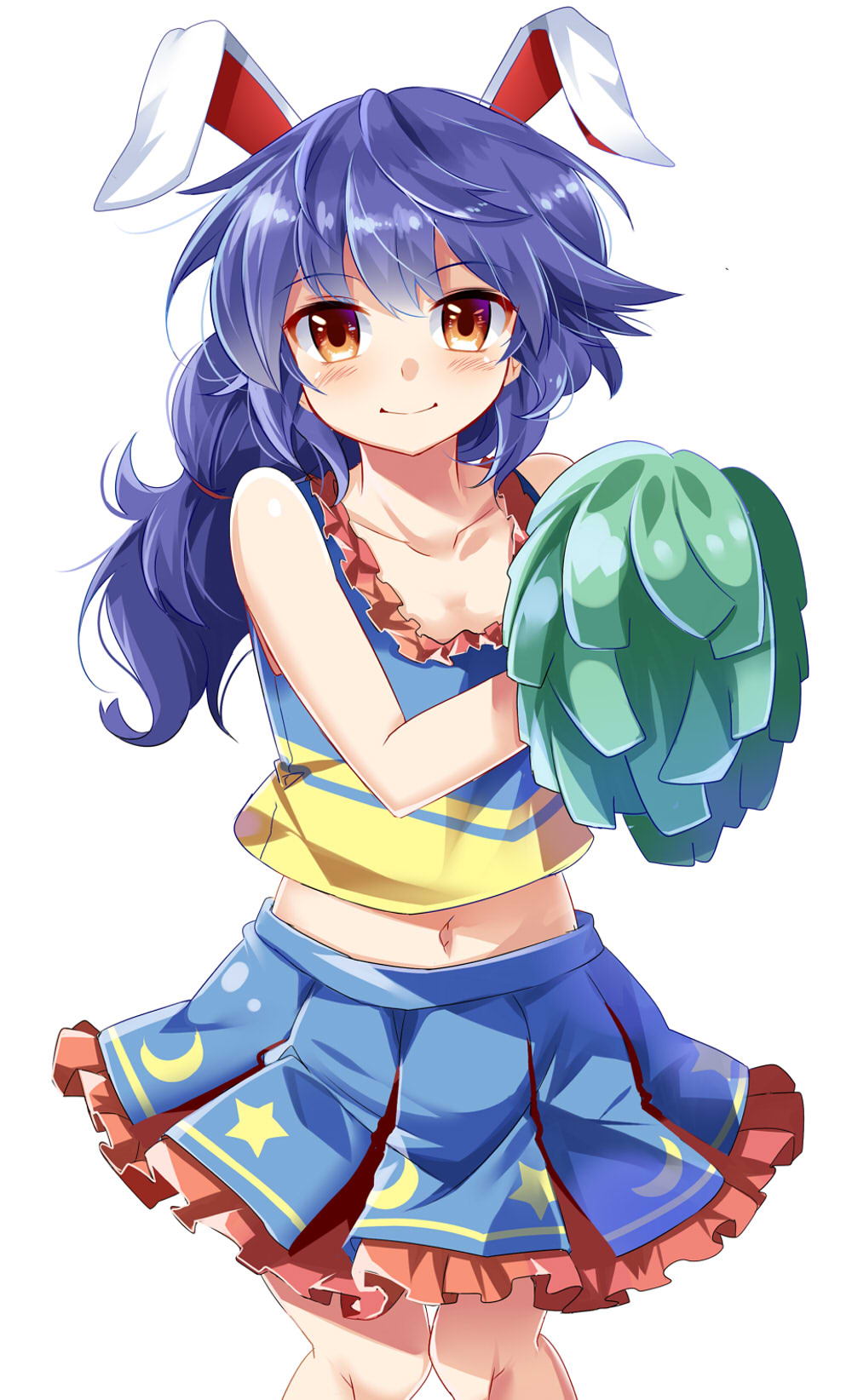1girl animal_ears blue_hair blue_skirt blush cheerleader collarbone crop_top e.o. frilled_skirt frills highres knees_together_feet_apart looking_at_viewer midriff navel orange_eyes pom_poms rabbit_ears seiran_(touhou) simple_background skirt sleeveless smile solo touhou white_background