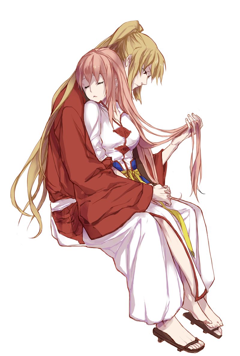 1boy 1girl bangs barefoot between_fingers blonde_hair breasts china_dress chinese_clothes closed_eyes closed_mouth dress eyelashes full_body geta gintama hakama hetero holding_another's_hair hug hug_from_behind japanese_clothes kagura_(gintama) large_breasts leaning_on_person light_frown loli_bushi long_hair long_sleeves okita_sougo older pink_hair ponytail sash simple_background sitting sitting_on_lap sitting_on_person sleeping sleeves_rolled_up wide_sleeves