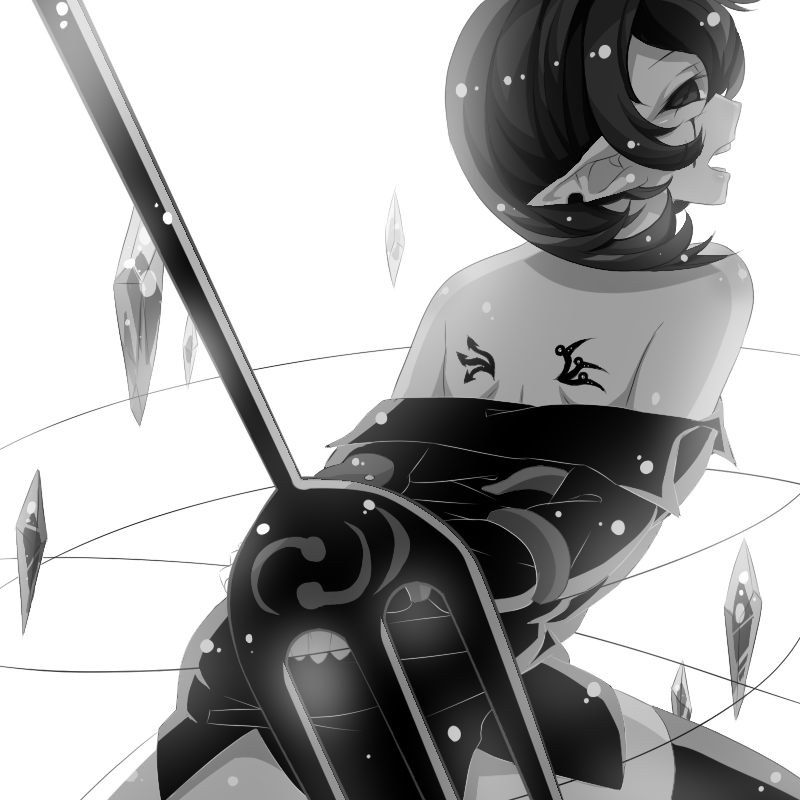 arms_behind_back black_dress black_hair blood bound bound_arms diamond dress endwhite houjuu_nue legs_apart lines monochrome off_shoulder pointy_ears polearm short_dress short_hair simple_background thigh-highs touhou trident weapon white_background wings zettai_ryouiki