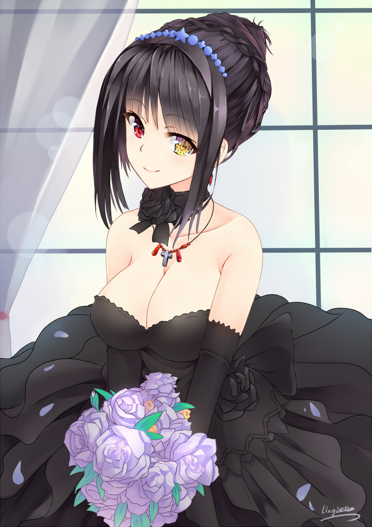 1girl bare_shoulders black_bow black_dress black_gloves black_hair blush bouquet bow breasts cleavage clock_eyes collarbone cross curtains date_a_live dress elbow_gloves flower gloves hairband heterochromia holding holding_bouquet holding_flower indoors jewelry large_breasts lolita_fashion lolita_hairband long_hair looking_at_viewer necklace purple_rose red_eyes rose signature smile solo symbol-shaped_pupils tokisaki_kurumi toyozero twintails upper_body window yellow_eyes