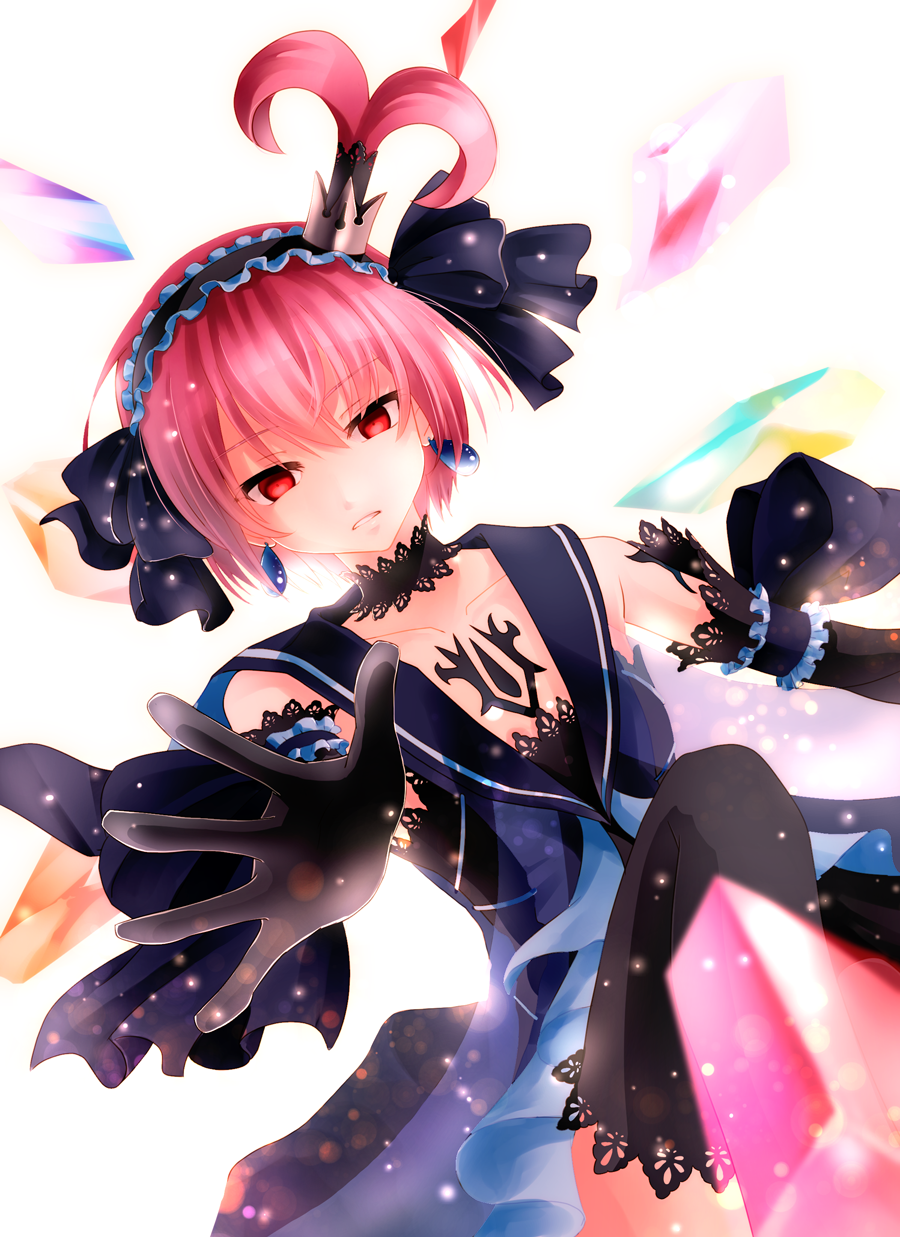 1girl black_gloves black_legwear blue_skirt choker crown dark_persona earrings elbow_gloves empty_eyes expressionless frills gloves hairband highres jewelry kanonno_earhart kururi_(oekaki_nikki) looking_at_viewer mini_crown pink_hair red_eyes short_hair side_ponytail skirt solo tales_of_(series) tales_of_the_world_radiant_mythology_2 tattoo thigh-highs white_background