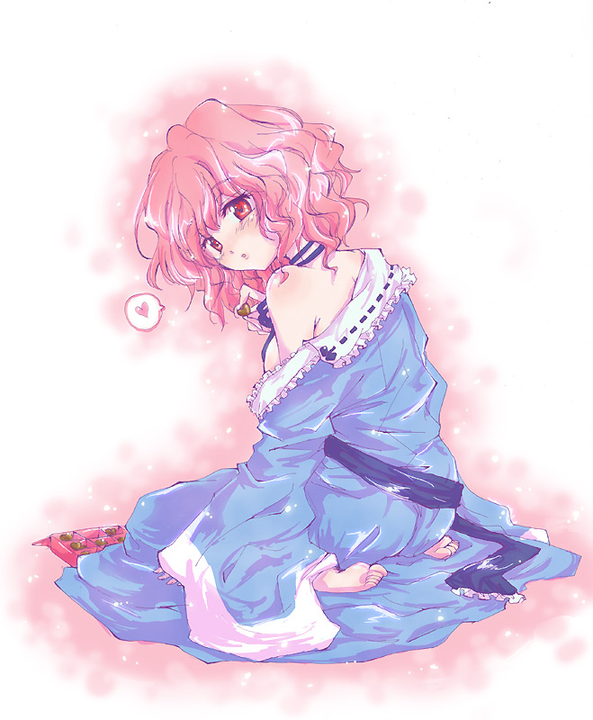 1girl barefoot blue_dress blush box chocolate chocolate_heart dress gift gift_box heart japanese_clothes kimono long_sleeves looking_at_viewer obi off_shoulder open_mouth pink_eyes pink_hair saigyouji_yuyuko sash short_hair solo speech_bubble spoken_heart strap_slip touhou wide_sleeves yuki56