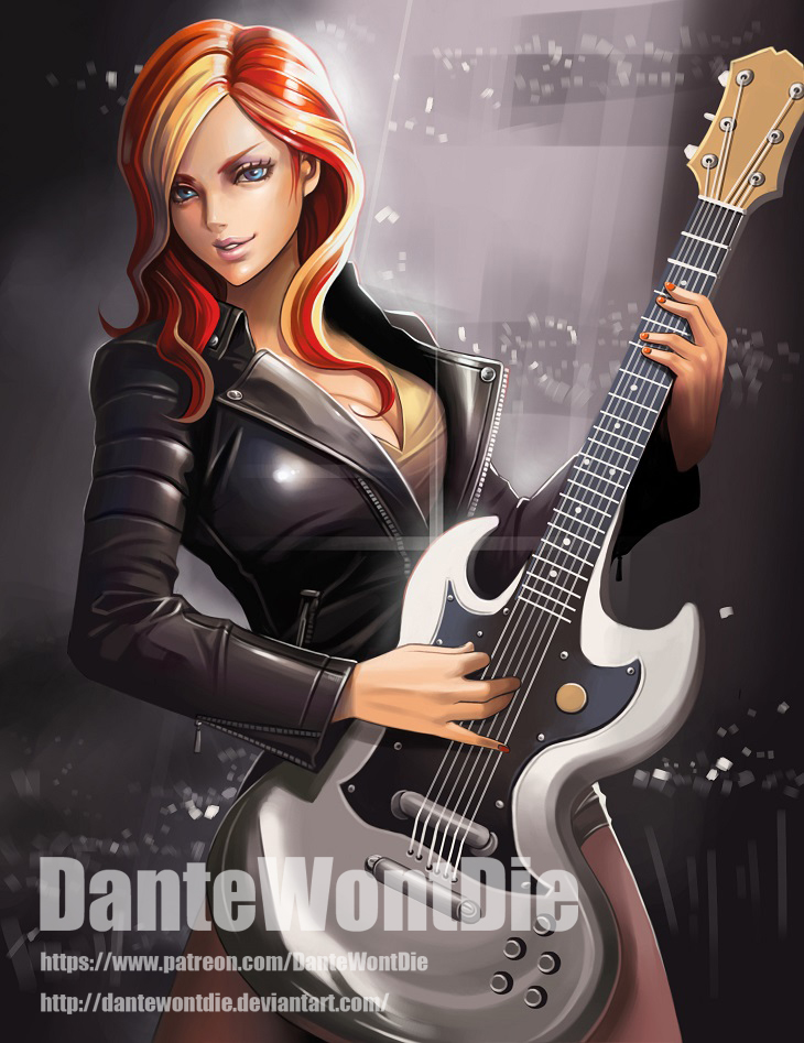 1girl :d artist_name black_jacket blonde_hair blue_eyes breasts brown_shirt cleavage collarbone contrapposto cowboy_shot dantewontdie guitar holding instrument jacket large_breasts leather leather_jacket light_rays light_smile lips long_hair multicolored_hair my_little_pony nail_polish open_mouth orange_hair pantyhose parted_lips playing_instrument purple_legwear red_nails shirt smile solo stage_lights standing streaked_hair sunset_shimmer unzipped watermark web_address
