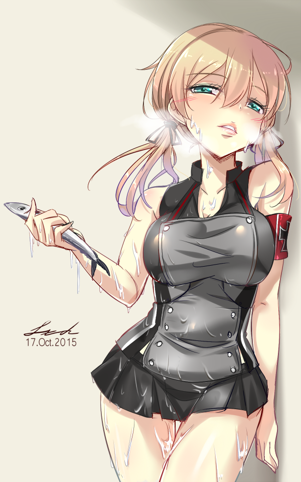 1girl 2015 aqua_eyes bangs bare_shoulders blonde_hair blush breasts collarbone commentary_request cowboy_shot dated eyebrows eyebrows_visible_through_hair fish hair_between_eyes hair_ornament heavy_breathing holding holding_fish iron_cross kantai_collection lips lzd parted_lips prinz_eugen_(kantai_collection) signature skirt sleeveless solo standing twintails wet