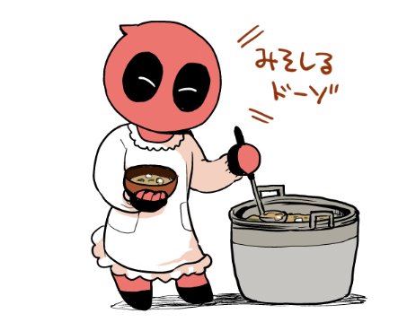 1boy bowl chibi commentary_request deadpool face_mask food gloves kappougi ladle lowres male marvel mask pot solo soup tako_(plastic_protein) translation_request