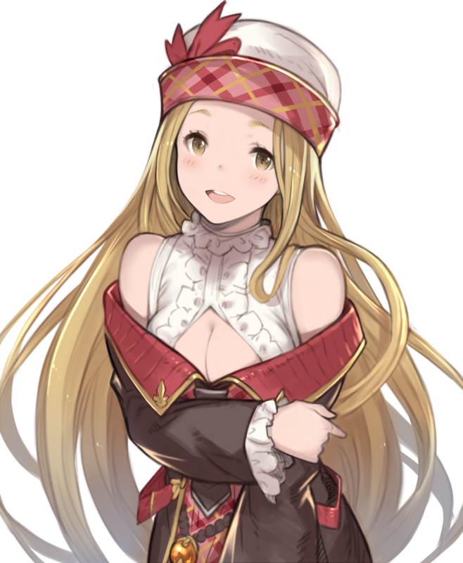 1girl bare_shoulders blonde_hair blush bow breasts brown_eyes cleavage crossed_arms diola_(granblue_fantasy) granblue_fantasy hanarito hat hat_bow long_hair looking_at_viewer open_mouth solo white_background yellow_eyes