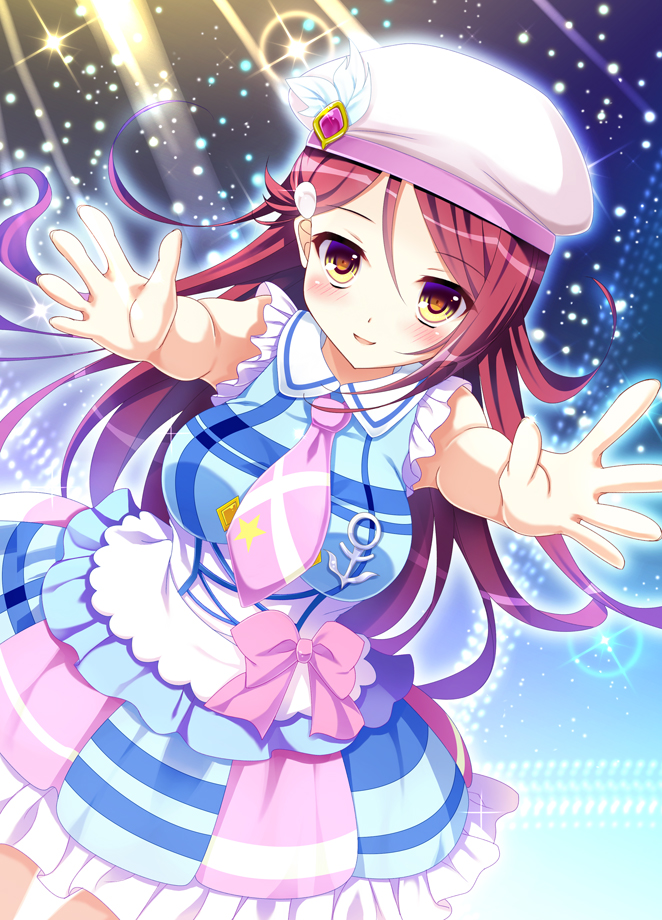 blush brown_eyes dress hat long_hair love_live!_sunshine!! sakurauchi_riko smile violet_hair