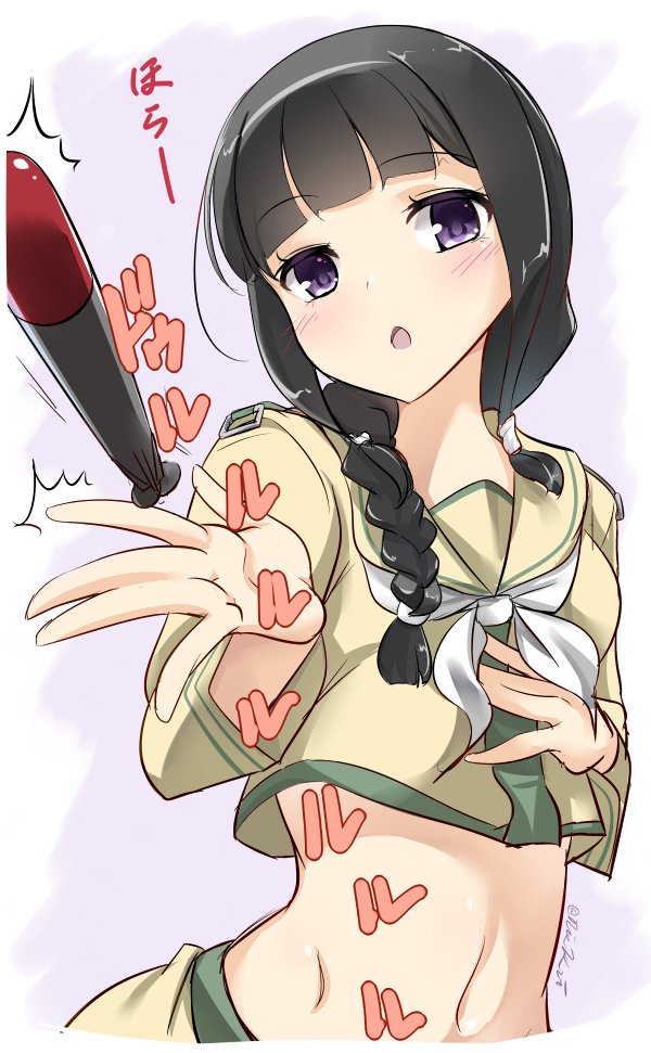 1girl bangs black_hair blunt_bangs blush braid commentary_request hair_ornament hand_on_own_chest kantai_collection kitakami_(kantai_collection) long_hair looking_at_viewer lzd midriff motion_lines navel neckerchief open_mouth outstretched_hand sailor_collar school_uniform serafuku single_braid solo stomach torpedo twitter_username upper_body violet_eyes