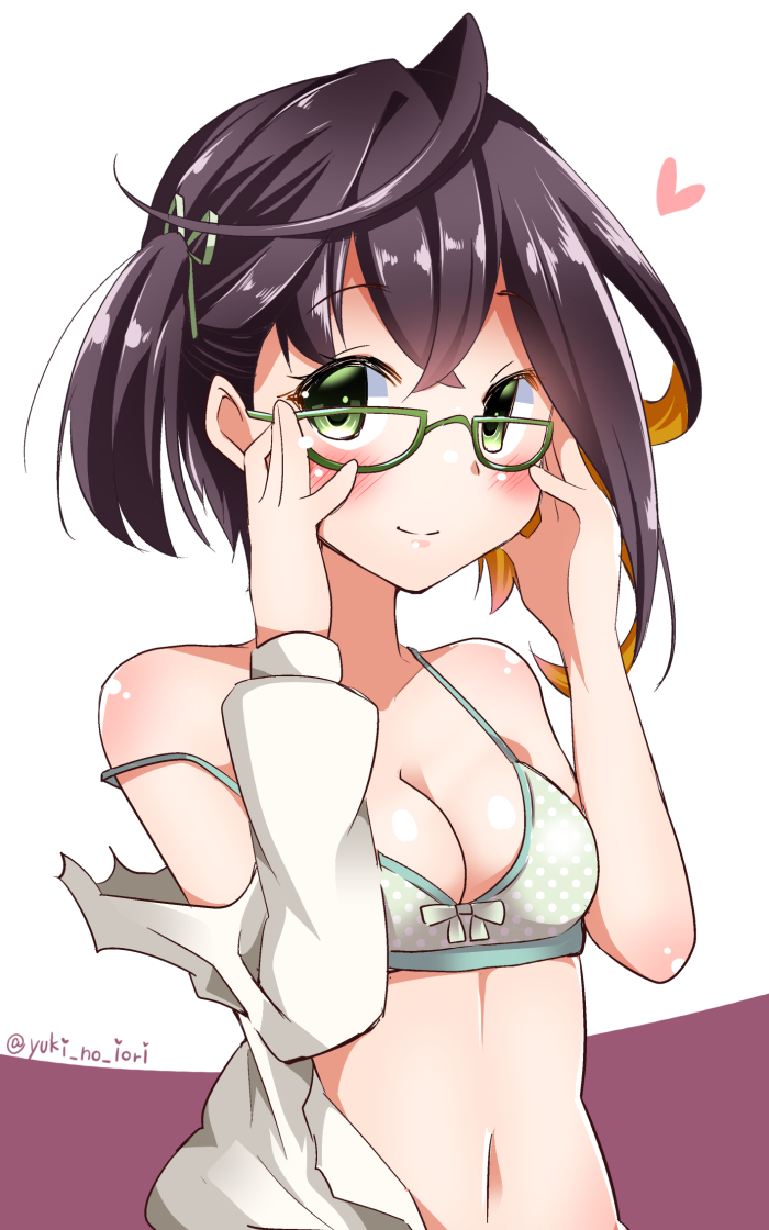 1girl adjusting_glasses ahoge bare_shoulders black_hair bra brown_hair glasses green-framed_glasses heart kantai_collection looking_at_viewer multicolored_hair off_shoulder okinami_(kantai_collection) shirt short_hair side_ponytail small_breasts smile solo torn_clothes twitter_username underwear upper_body white_bra white_shirt yuuki_hb