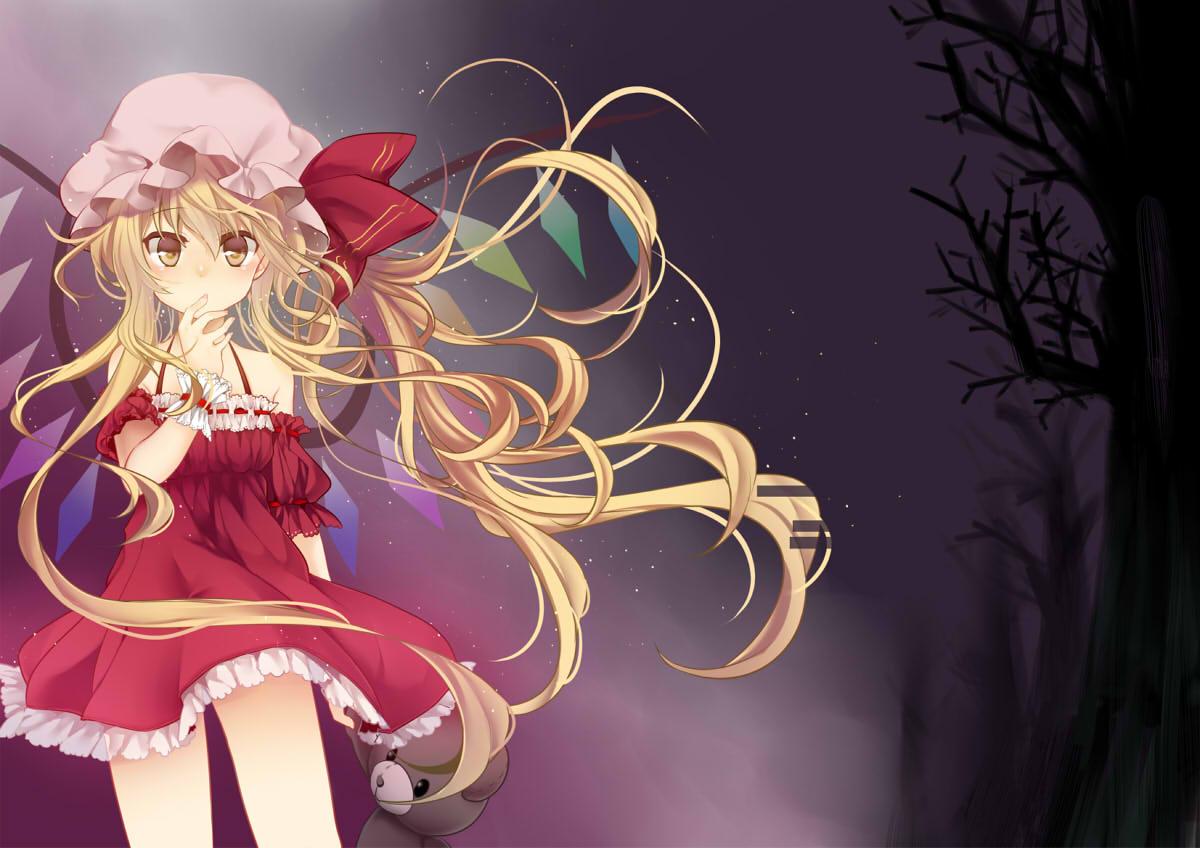 1girl alternate_costume blonde_hair blush cowboy_shot crystal dress finger_to_mouth flandre_scarlet hat hat_ribbon long_hair looking_at_viewer mob_cap off_shoulder puffy_short_sleeves puffy_sleeves red_dress ribbon rimu_(kingyo_origin) short_sleeves side_ponytail sky solo star_(sky) starry_sky stuffed_animal stuffed_toy teddy_bear touhou tree_shade very_long_hair wings wrist_cuffs yellow_eyes