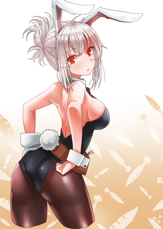 1girl animal_ears ass bare_shoulders belt breasts bunny_girl bunny_tail bunnysuit carrot half_updo league_of_legends lhu_(barappra1) looking_at_viewer open_mouth pantyhose rabbit_ears red_eyes riven_(league_of_legends) sideboob silver_hair solo tail wrist_cuffs