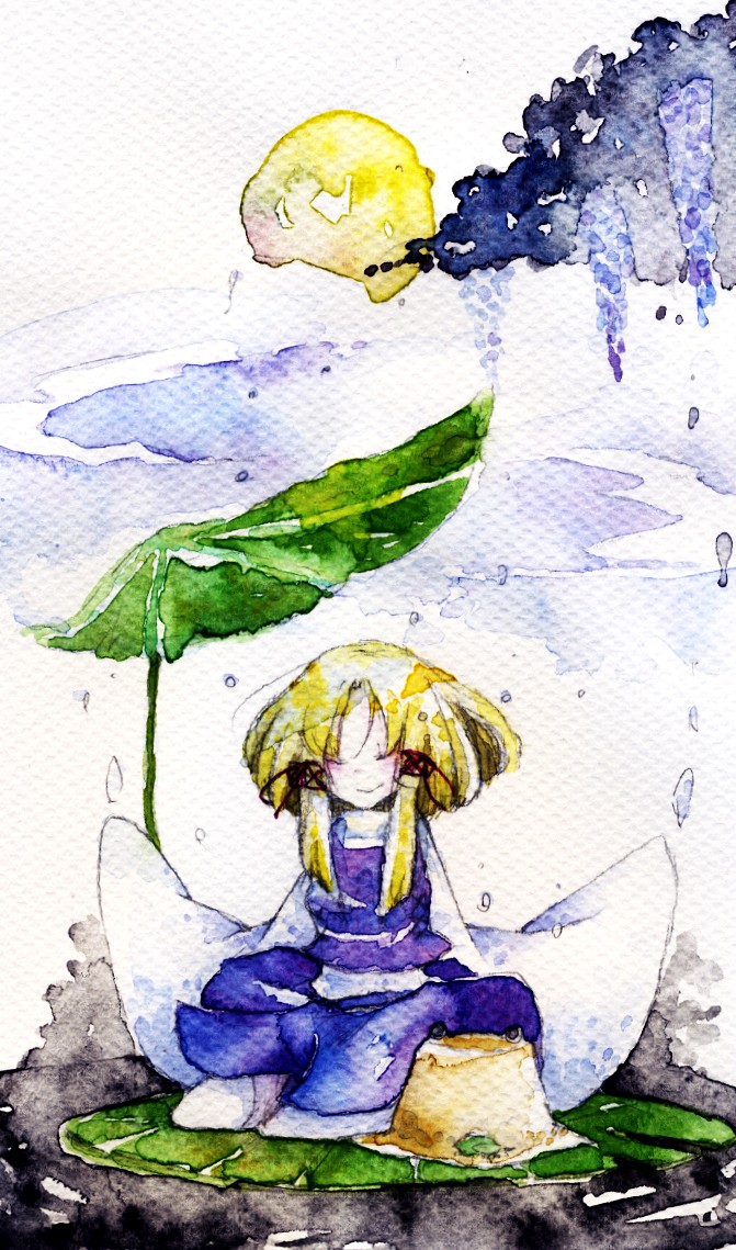 closed_eyes hat leaf_umbrella moriya_suwako pata_(cannibal_carnival) rain touhou traditional_media water watercolor watercolor_(medium)