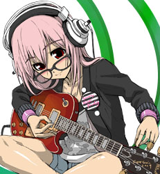 amber_eyes blush button glasses guitar headphones nitroplus pink_hair sitting soniko tuning_guitar