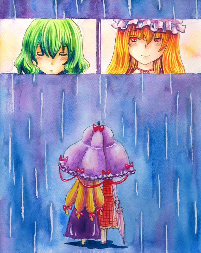 ai_ai_gasa blonde_hair closed_eyes commentary green_hair kazami_yuuka long_hair multiple_girls rain red_eyes shared_umbrella shiroaisa short_hair touhou traditional_media umbrella watercolor watercolor_(medium) yakumo_yukari