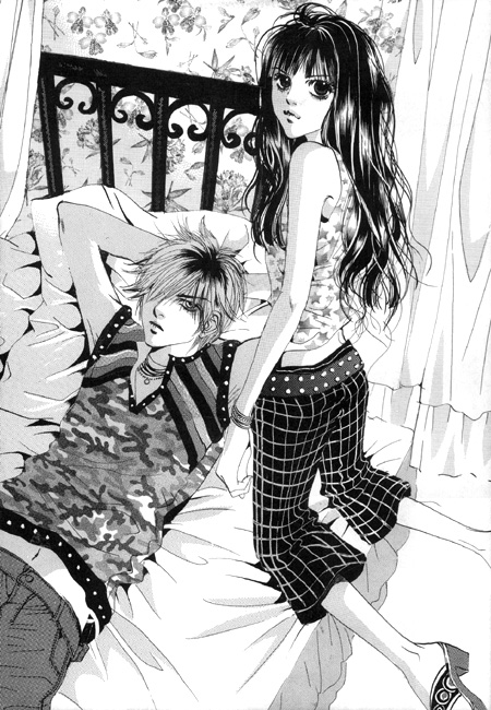 bed black_eyes black_hair hair_over_one_eye heels kneeling long_hair lying midriff monochrome