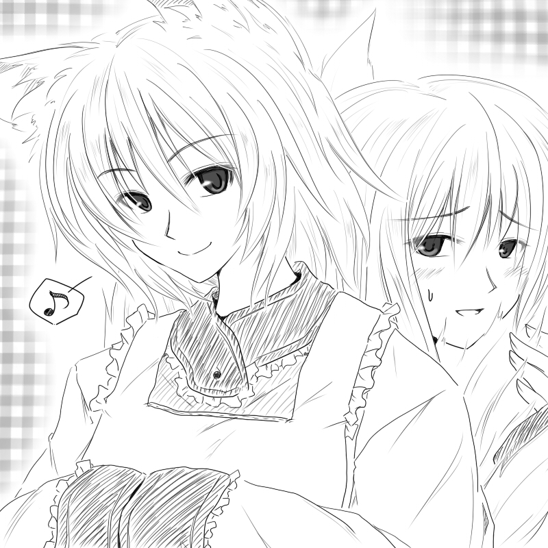 animal_ears bad_id fox_ears monochrome smile touhou yakumo_ran yakumo_yukari