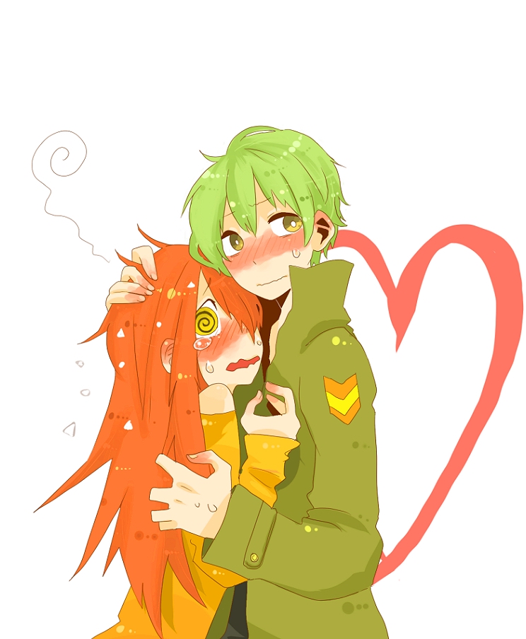 1girl @_@ blush couple dandruff flaky flippy green_hair hand_on_head happy_tree_friends heart hug long_hair military military_uniform mokoto nervous orange_hair personification petting short_hair shy simple_background sweatdrop tears uniform yellow_eyes