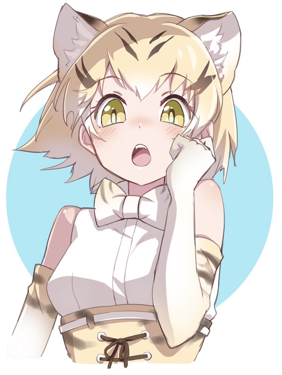 1girl :o animal_ears bare_shoulders blonde_hair blue_background blush bow bowtie cat_ears elbow_gloves extra_ears eyebrows_visible_through_hair gloves hand_on_own_cheek high-waist_skirt highres kemono_friends looking_at_viewer sand_cat_(kemono_friends) sangatsu_(sangatsu_05) shirt short_hair skirt sleeveless solo teeth two-tone_background upper_body white_background white_belt white_shirt yellow_eyes