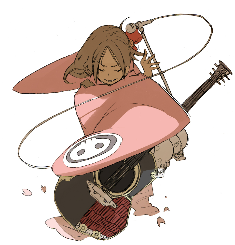 1girl acoustic_guitar asano4124 brown_hair copyright_request guitar instrument japanese_clothes kimono microphone microphone_stand skull solo