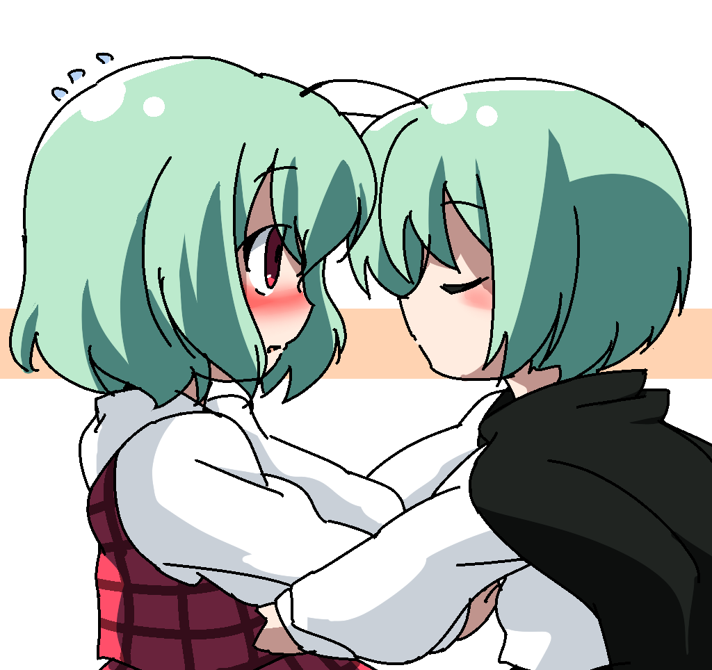 blush cape closed_eyes green_hair incipient_kiss kazami_yuuka lines oka_(artist) oka_(bananashoe) plaid_vest profile red_eyes short_hair simple_background sweatdrop touhou wriggle_nightbug yuri