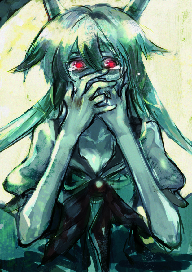 ex-keine ex_keine green_hair hands horns kamishirasawa_keine moon red_eyes ribbon tears tima touhou