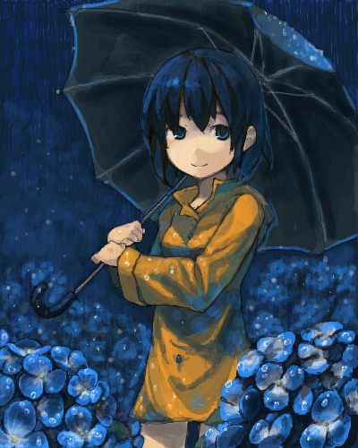 1girl blue_eyes blue_hair flower kitsune_(kazenouta) lowres rain short_hair smile solo umbrella