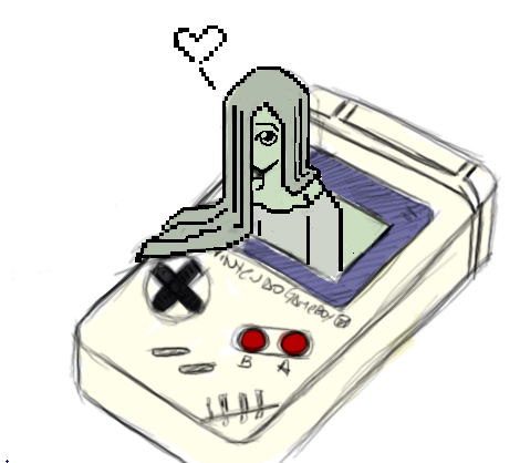 bare_shoulders expressionless hair_over_one_eye heart nintendo_gameboy pixel_art sadako simple_background solo the_ring very_long_hair