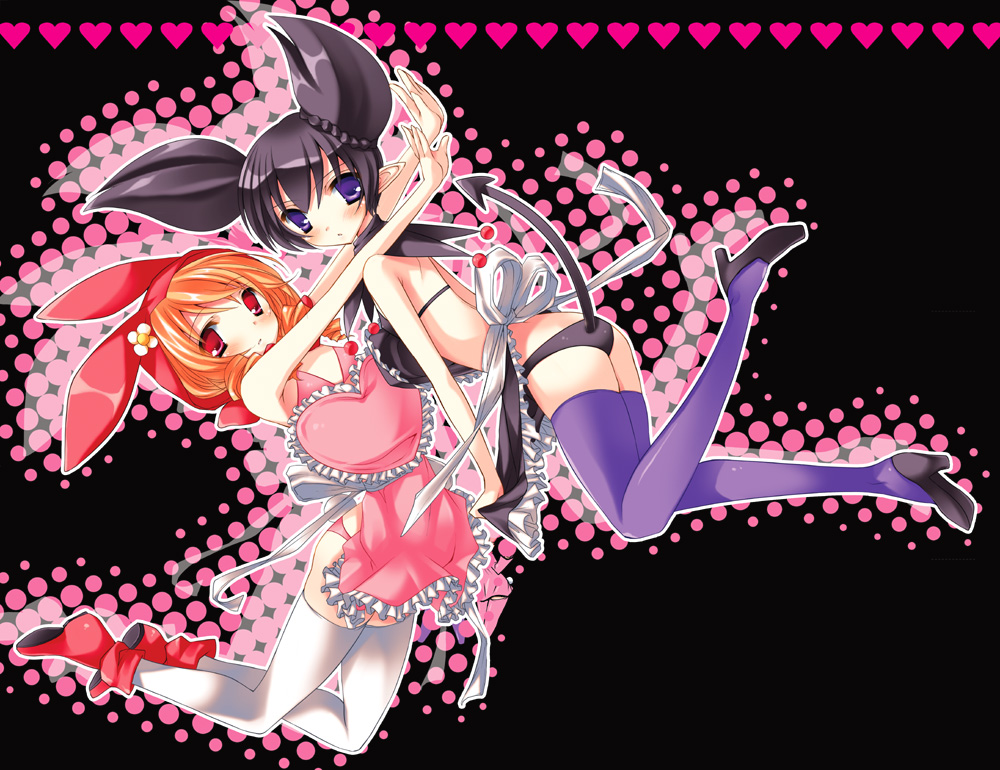 animal_hat apron bad_id bare_shoulders black_hair blush bra_strap braid demon_tail drill_hair flat_chest flower frills hair_ornament hat heart high_heels hug kuromi kurumi_nui mitchie mitsu_king multiple_girls my_melody onegai_my_melody orange_hair panties personification purple_eyes purple_legwear purple_thighhighs red_eyes shoes short_hair tail thigh-highs thighhighs twintails underwear violet_eyes white_legwear white_thighhighs