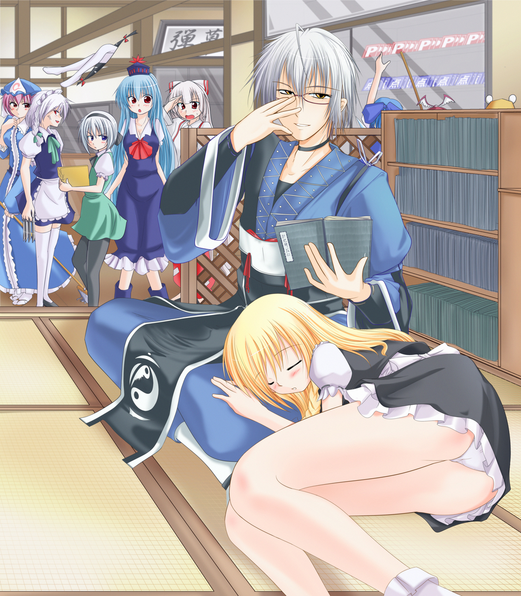 ass black_legwear blonde_hair blue_eyes blue_hair blush bow braid cirno eyes fujiwara_no_mokou gap glasses hair_ribbon hat highres izayoi_sakuya japanese_clothes kamishirasawa_keine kimono kirihane kirisame_marisa knife konpaku_youmu kourindou lap_pillow long_hair maid morichika_rinnosuke moriya_suwako mystia_lorelei panties pantyhose pantyshot pink_hair power-up powerup pyonta red_eyes ribbon rumia saigyouji_yuyuko short_hair silver_hair skirt thigh-highs thighhighs touhou underwear white_hair white_legwear wings yakumo_yukari zettai_ryouiki