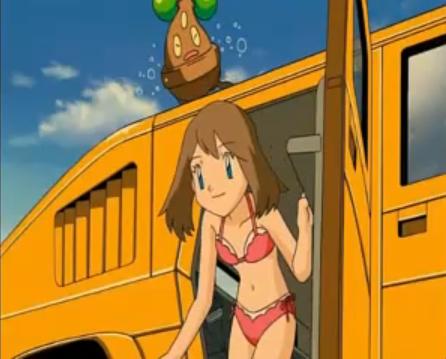 1girl bikini bonsly haruka_(pokemon) pokemon pokemon_(creature) screencap swimsuit