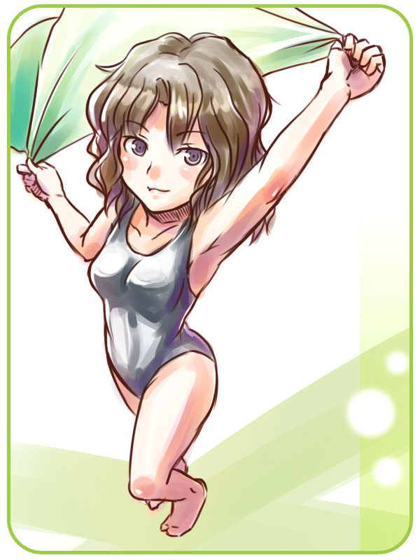 1girl amagami armpits barefoot brown_hair one-piece one-piece_swimsuit perspective short_hair solo swimsuit tamago tanamachi_kaoru towel