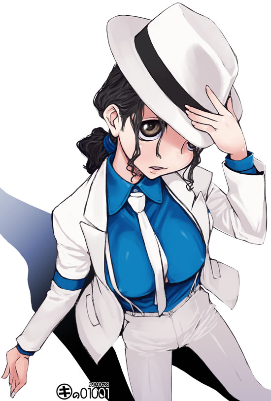 brown_eyes erect_nipples fedora formal genderswap hat kei_jiei long_hair michael_jackson michael_jackson_(cosplay) necktie open_mouth original pant_suit ponytail shadow smooth_criminal solo suit tribute