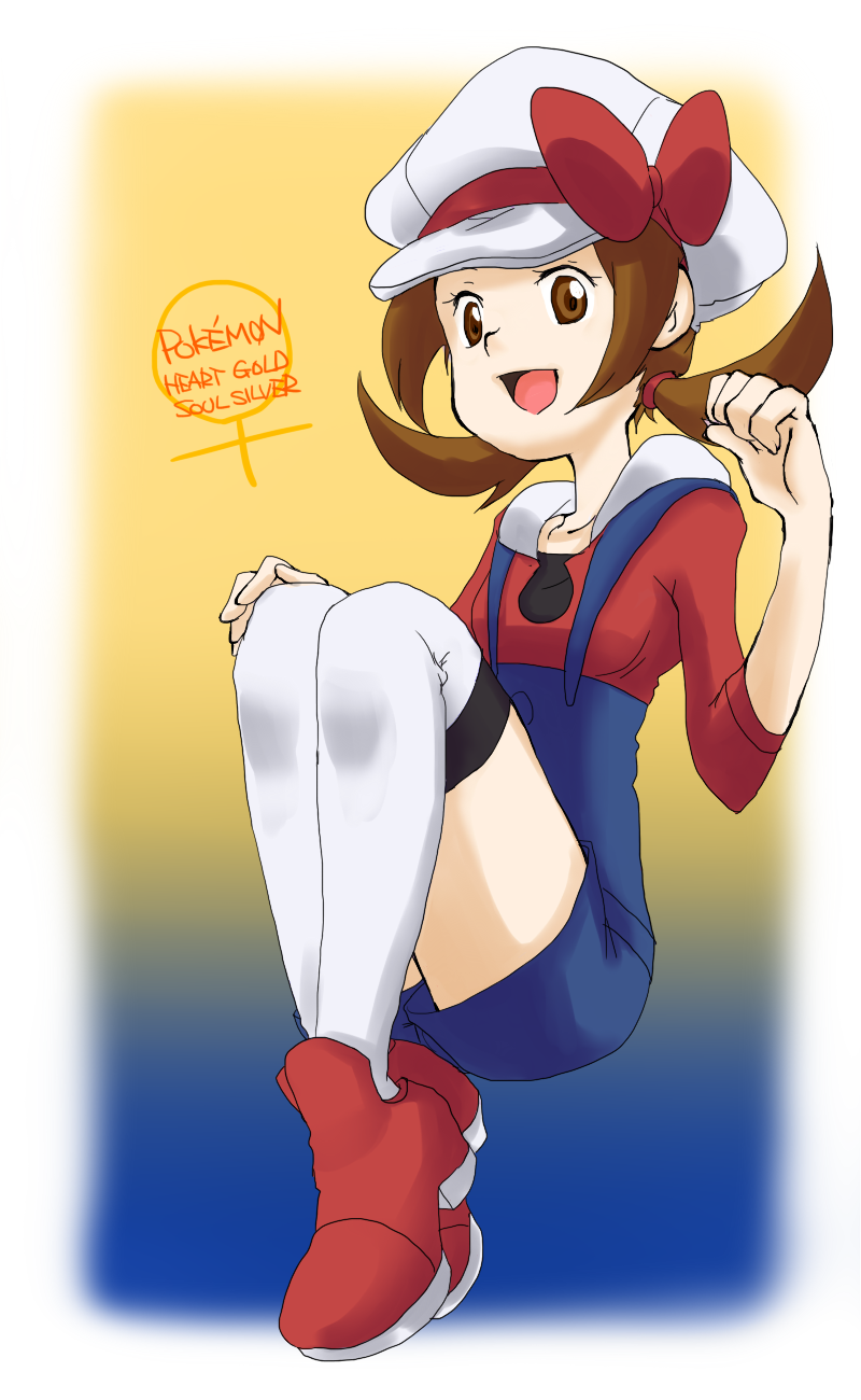 brown_eyes brown_hair cabbie_hat hat hat_ribbon highres kotone_(pokemon) overalls pokemon pokemon_(game) pokemon_gsc pokemon_heartgold_and_soulsilver red_ribbon ribbon short_twintails socks solo thigh-highs thighhighs title_drop twintails venus_symbol