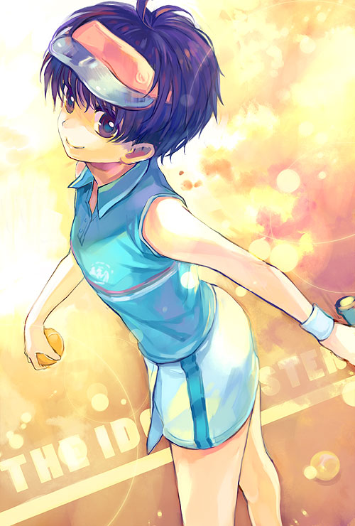 1girl ame_yamori bad_id ball idolmaster kikuchi_makoto skirt solo sportswear tennis tennis_ball tennis_uniform visor visor_cap