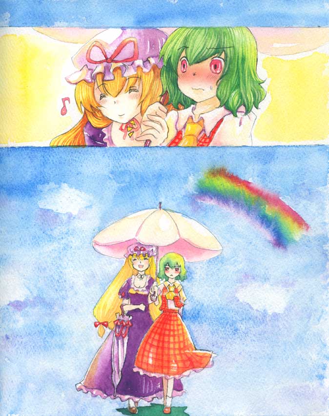 ai_ai_gasa ascot blonde_hair blush commentary embarrassed green_hair hat kazami_yuuka long_hair multiple_girls musical_note parasol plaid plaid_skirt plaid_vest rainbow red_eyes shared_umbrella shiroaisa short_hair skirt skirt_set touhou traditional_media umbrella walking watercolor watercolor_(medium) yakumo_yukari