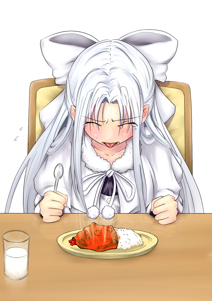 curry food hair_ribbon hands long_hair melty melty_blood mikeco milk ribbon sitting tears tongue tsukihime white_hair white_len