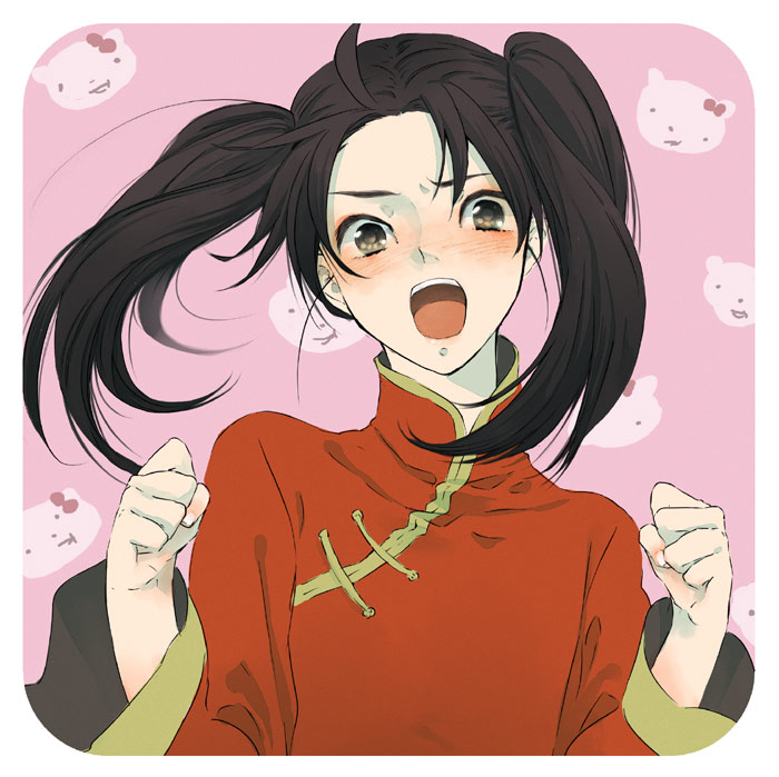 androgynous axis_powers_hetalia black_hair blush brown_eyes china_(hetalia) china_dress chinadress chinese_clothes clenched_hands crossdressing fist goroo hello_kitty male open_mouth shinatty-chan solo trap twintails