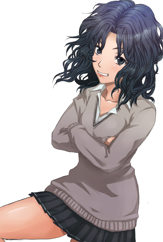 1girl amagami black_eyes black_hair crossed_arms kakuka messy_hair open_collar pleated_skirt school_uniform short_hair skirt solo sweater tanamachi_kaoru wavy_hair yosida_komati