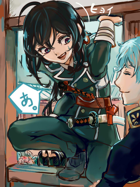 2boys ahoge black_hair check_translation climbing hitofuri_ichigo male_focus military military_uniform multiple_boys namazuo_toushirou no_mo translation_request uniform window