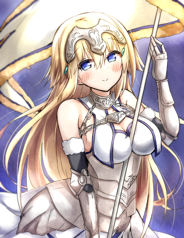 1girl bare_shoulders blonde_hair blue_eyes blush breasts cleavage fate/apocrypha fate/grand_order fate_(series) flag gauntlets helmet long_hair looking_at_viewer ohitashi_netsurou ruler_(fate/apocrypha) smile solo