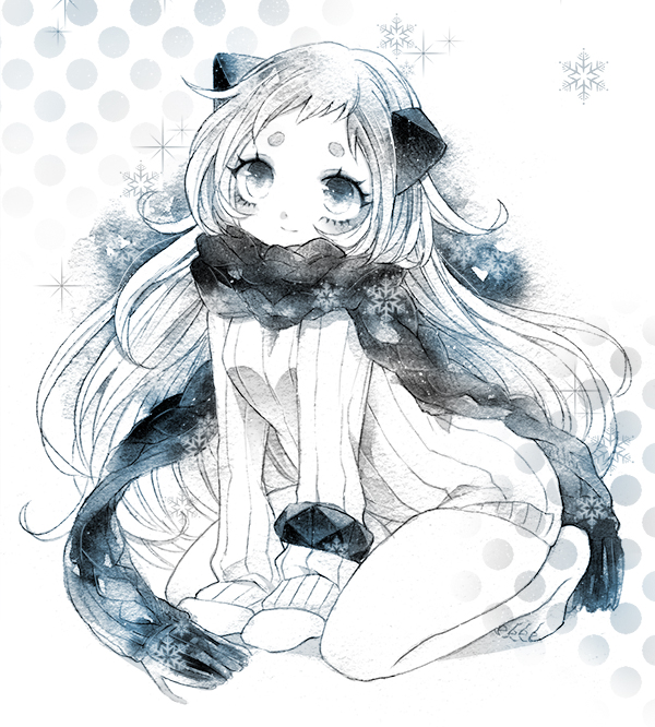 0304yama 1girl all_fours alternate_costume barefoot horns kantai_collection looking_at_viewer mittens northern_ocean_hime ribbed_sweater scarf shinkaisei-kan short_eyebrows solo sweater traditional_media