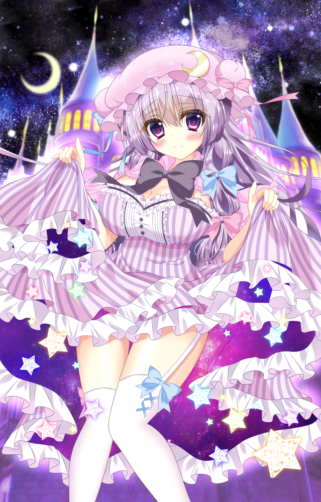 1girl bangs black_bow blue_bow blush bow breasts cleavage crescent crescent_hair_ornament crescent_moon dress dress_lift eyebrows garter_straps hair_bow hair_ornament hat large_breasts lifted_by_self looking_at_viewer mob_cap moon night night_sky patchouli_knowledge pink_eyes purple_hair red_bow sky smile solo star striped striped_dress tareme tenshi_chi_na thigh-highs touhou white_legwear