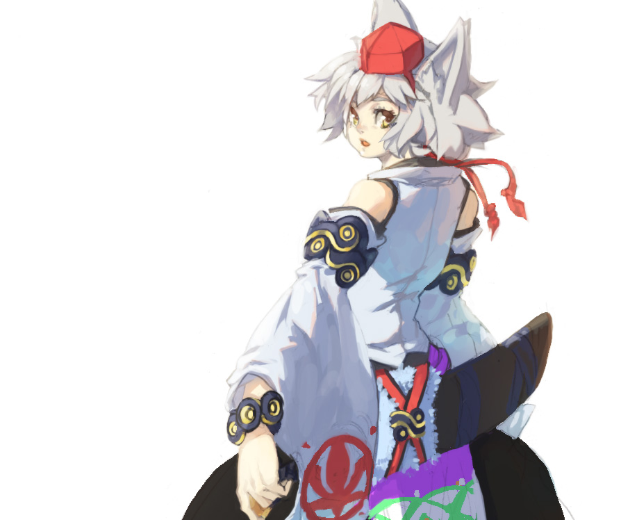 1girl animal_ears bare_shoulders bracelet detached_sleeves embellished_costume hat inubashiri_momiji jewelry looking_back red_hat sheath sheathed short_hair solo sword tlman tokin_hat touhou weapon white_background white_hair wide_sleeves wolf_ears yellow_eyes