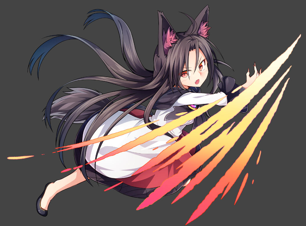 1girl animal_ears black_background blush brown_hair dress fang full_body full_moon imaizumi_kagerou long_hair long_sleeves looking_at_viewer moon nogisaka_kushio open_mouth red_eyes shoes solo tail touhou very_long_hair wolf_ears wolf_tail
