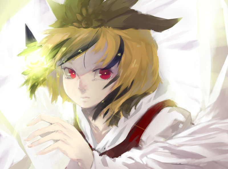 1girl bishamonten's_pagoda blonde_hair expressionless glowing hair_ornament multicolored_hair outstretched_arm pink_eyes red_eyes short_hair solo tlman toramaru_shou touhou two-tone_hair upper_body wide_sleeves
