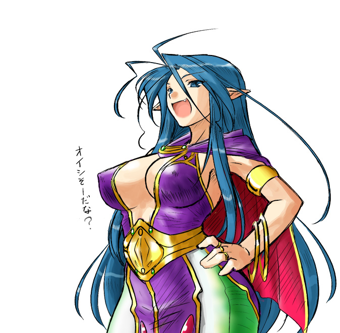 1girl blue_hair breasts breath_of_fire breath_of_fire_i covered_nipples deis dr.p fang hand_on_hip lamia large_breasts long_hair monster_girl pointy_ears solo translation_request wide_hips
